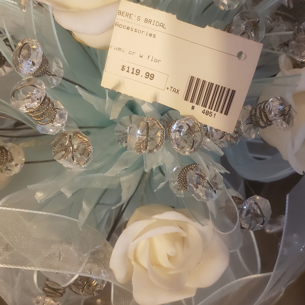 Bouquet of Porcelain White Roses, Crystals and Sky Blue Ribbons. - Picture 5 of 5